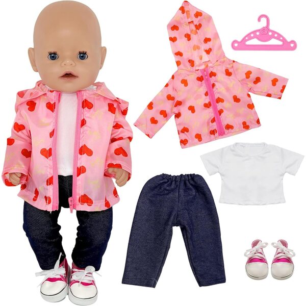 Abbigliamento per bambola 35-45 cm 5 pezzi rosa con cuori - Zouonou