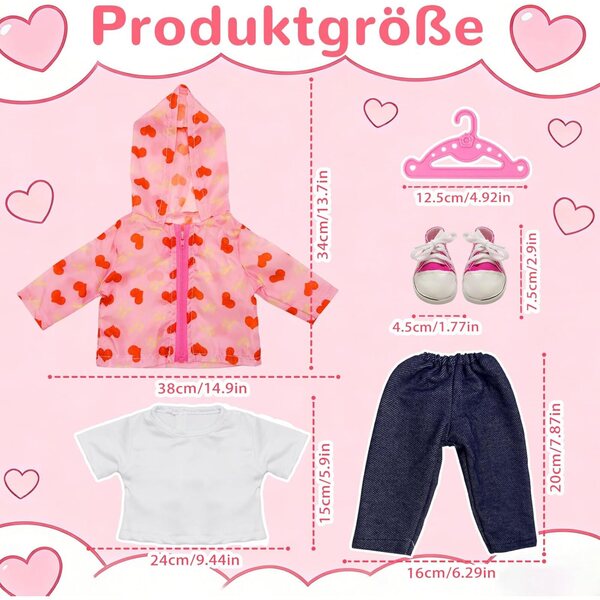 Abbigliamento per bambola 35-45 cm 5 pezzi rosa con cuori - Zouonou
