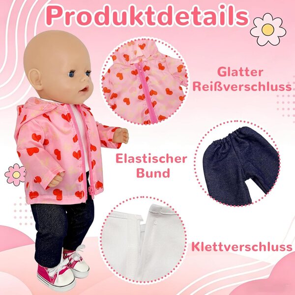 Abbigliamento per bambola 35-45 cm 5 pezzi rosa con cuori - Zouonou