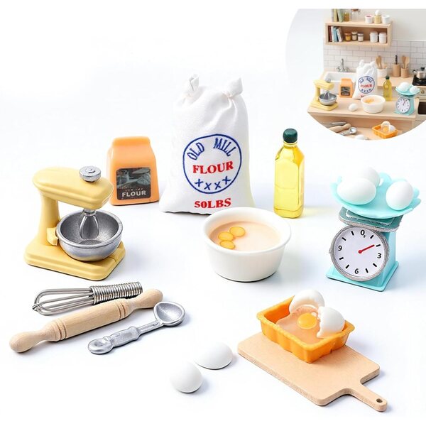 Prasacco 16-teiliges Miniatur-Küchenset: Mixer, Waage, Mehl und anderes realistisches Zubehör