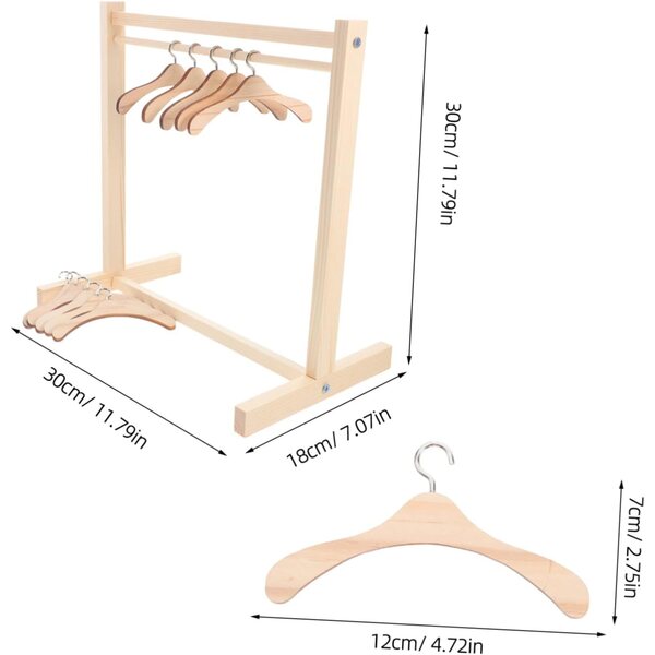 VICASKY Holzständer für Puppenkleidung mit 10 Mini-Kleiderbügeln 30 cm
