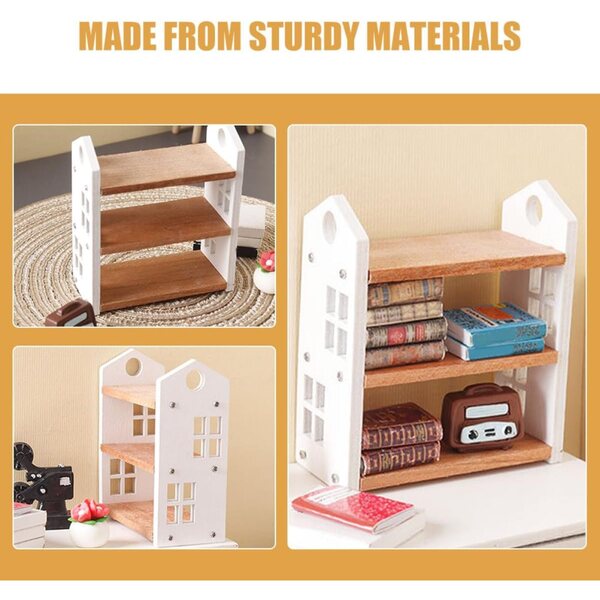 Mini Libreria in Legno a 3 Livelli per Casa delle Bambole - Scaffale Decorativo e Funzionale