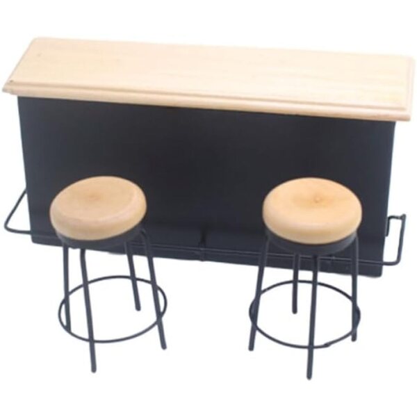 Set Miniatura Bar con Bancone e 2 Sedie in Legno per Casa delle Bambole e Decorazioni