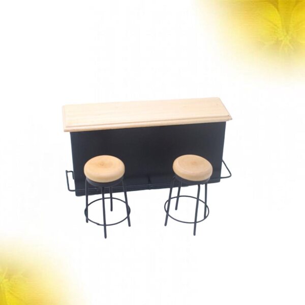 Set Miniatura Bar con Bancone e 2 Sedie in Legno per Casa delle Bambole e Decorazioni