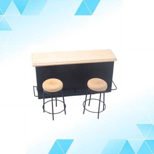 Set Miniatura Bar con Bancone e 2 Sedie in Legno per Casa delle Bambole e Decorazioni