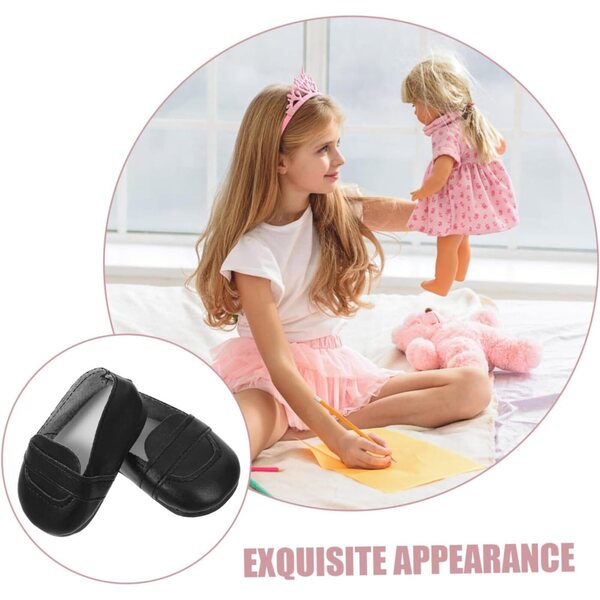 VICASKY Mini-Schuhe für Puppen, 18 cm, dekorative Miniatur-Schuhe aus schwarzem PU