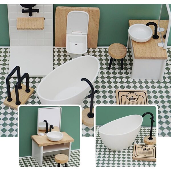 8-teiliges Badezimmer-Set aus Holz für 1:12 Puppenhaus, realistische Miniaturmöbel