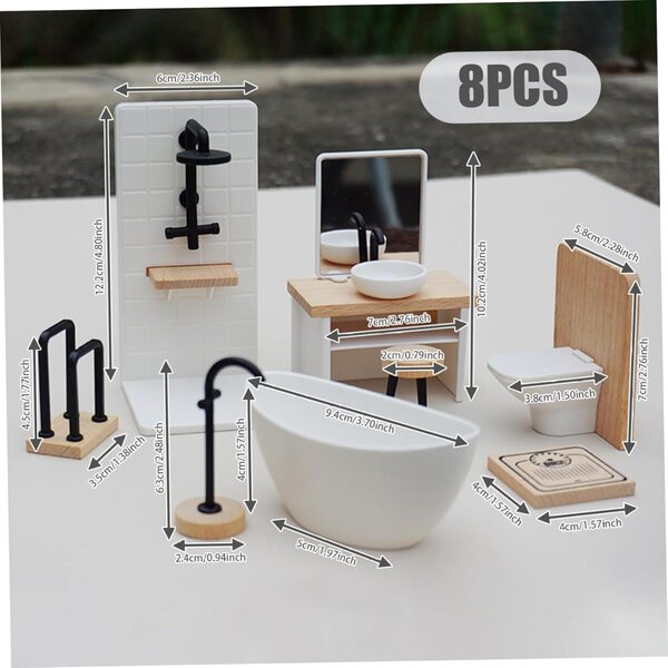 8-teiliges Badezimmer-Set aus Holz für 1:12 Puppenhaus, realistische Miniaturmöbel