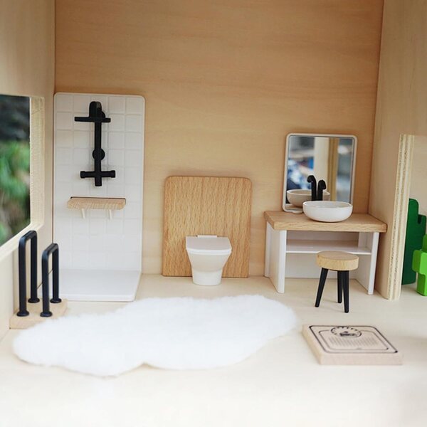8-teiliges Badezimmer-Set aus Holz für 1:12 Puppenhaus, realistische Miniaturmöbel