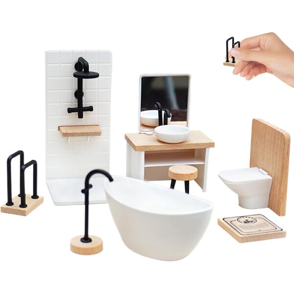8-teiliges Badezimmer-Set aus Holz für 1:12 Puppenhaus, realistische Miniaturmöbel