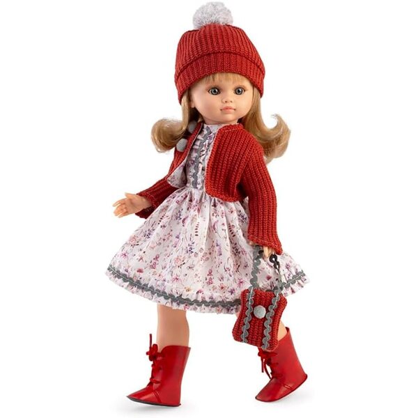Muñecas Berbesa Fany: 40 cm große Puppe mit Blumenkleid und roten Strickaccessoires