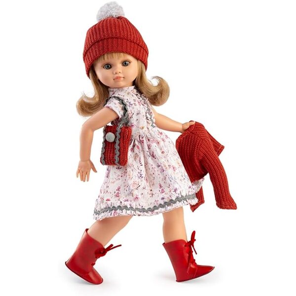 Muñecas Berbesa Fany: bambola 40 cm con abito floreale e accessori in maglia rossa