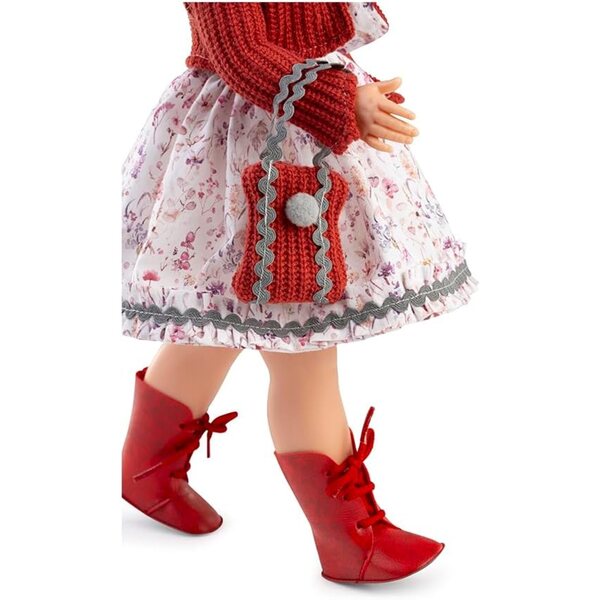 Muñecas Berbesa Fany: bambola 40 cm con abito floreale e accessori in maglia rossa