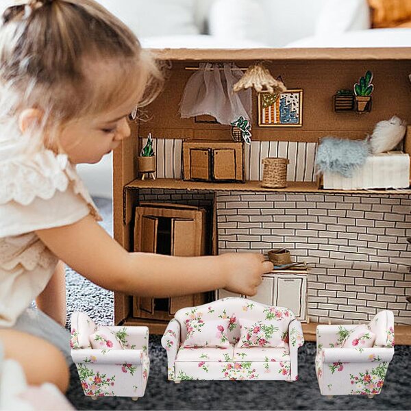 Divano per casa delle bambole in legno e tessuto, miniatura scala 1:12 elegante e resistente