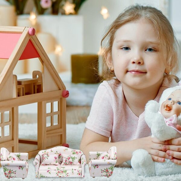 Divano per casa delle bambole in legno e tessuto, miniatura scala 1:12 elegante e resistente