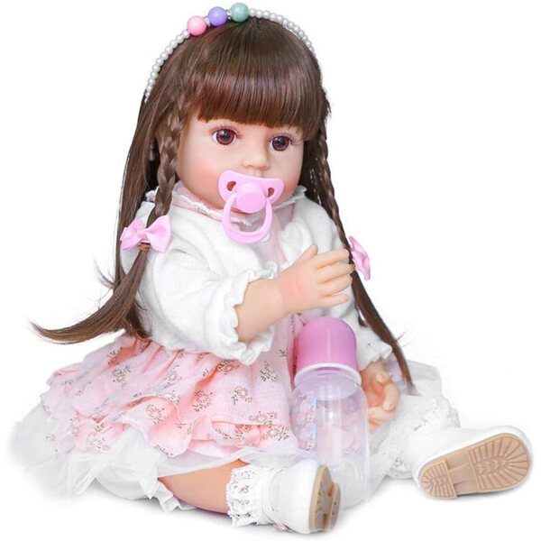 Brrnoo Baby realistische Silikonpuppen 55 cm mit braunem Haar und komplettem Zubehör