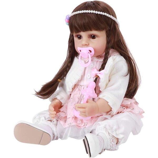 Brrnoo Baby realistische Silikonpuppen 55 cm mit braunem Haar und komplettem Zubehör