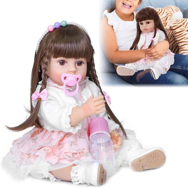 Brrnoo Baby realistische Silikonpuppen 55 cm mit braunem Haar und komplettem Zubehör
