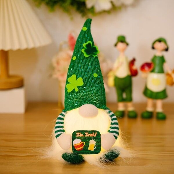 Pupazzo nano in peluche Saint-Patrick con luci LED calde - Decorazione casa e ufficio