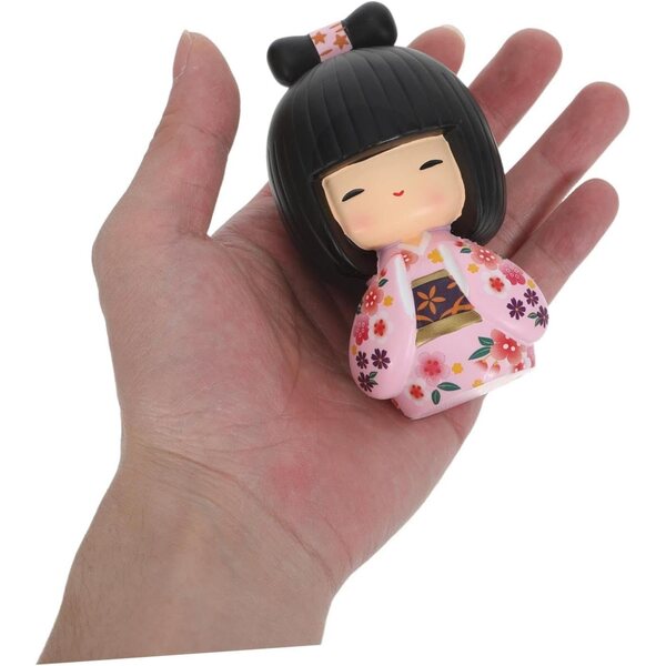Figurina Giapponese in Resina Bambina in Kimono Rosa Decorativa e Resistente