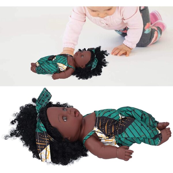 Afrikanische Vinyl-Babypuppe, 30 cm, schwarzes Mädchen mit lockigem Haar, Kinderspielzeug