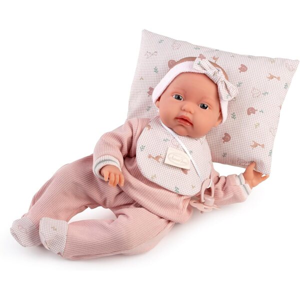 Tonetta Antonio Juan Puppe mit flexiblem Körper, Lätzchen und rosa Kissen