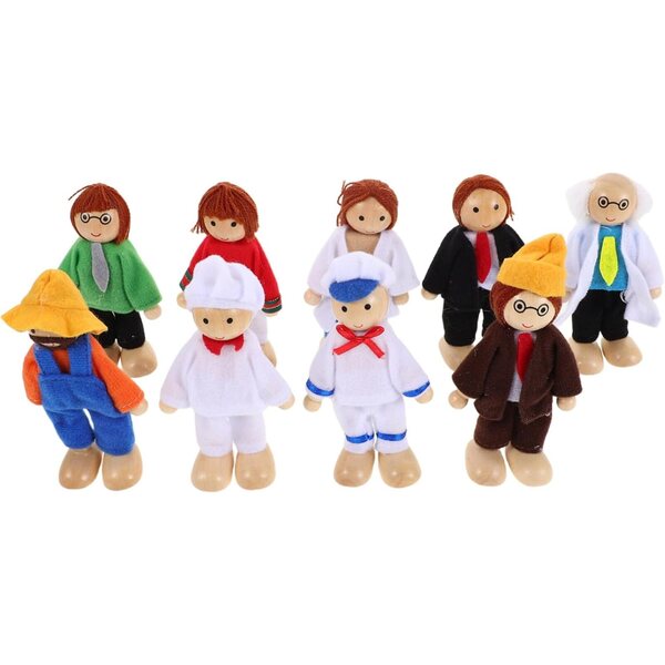 NOLITOY Set mit 9 beweglichen Holzpuppen mit Stoffkleidung für das Puppenhaus