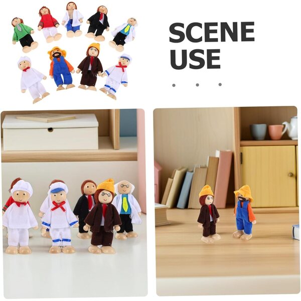 NOLITOY Set mit 9 beweglichen Holzpuppen mit Stoffkleidung für das Puppenhaus