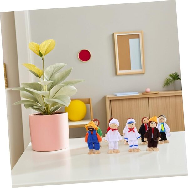 NOLITOY Set mit 9 beweglichen Holzpuppen mit Stoffkleidung für das Puppenhaus