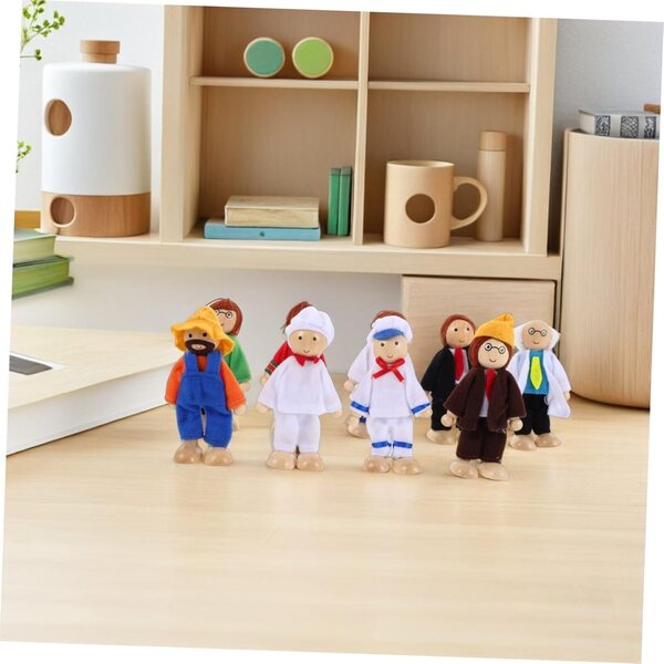 NOLITOY Set mit 9 beweglichen Holzpuppen mit Stoffkleidung für das Puppenhaus