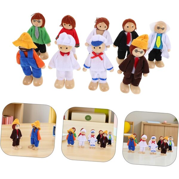 NOLITOY Set mit 9 beweglichen Holzpuppen mit Stoffkleidung für das Puppenhaus