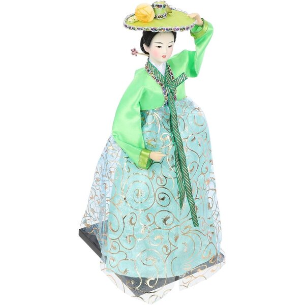 Bambola Coreana in Tessuto Verde Hanbok - Decorazione Artigianale Unica 30 cm