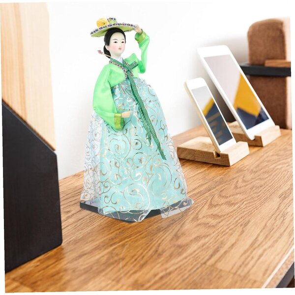 Bambola Coreana in Tessuto Verde Hanbok - Decorazione Artigianale Unica 30 cm