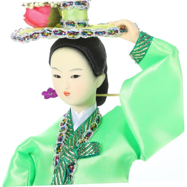 Bambola Coreana in Tessuto Verde Hanbok - Decorazione Artigianale Unica 30 cm