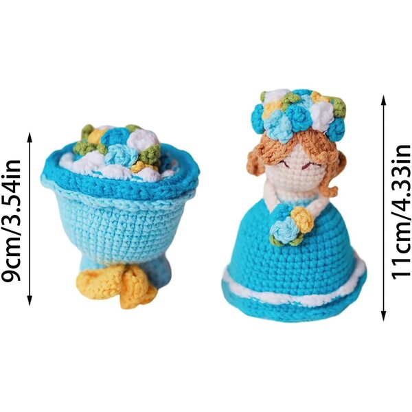 Handgefertigte gehäkelte Blumenstraußpuppe mit gestricktem Hochzeitskleid, 11 cm
