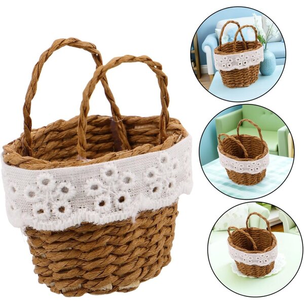 Set 2 Mini Paniers Tressés in Imitazione Rattan con Manico - Decorativi e Leggeri