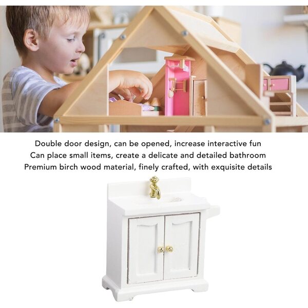 Mobiletto per Lavabo Casa delle Bambole in Legno Betulla con Doppia Anta Bianco
