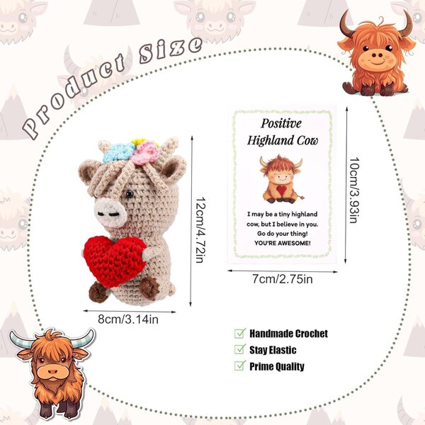 Gehäkelte Hochlandkuh mit rotem Herz und ermutigender Karte, Dekoration und Geschenk