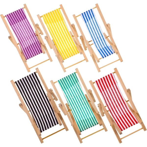 Set 6 Mini Sedie da Spiaggia Pieghevoli in Legno e Stoffa per Casa delle Bambole