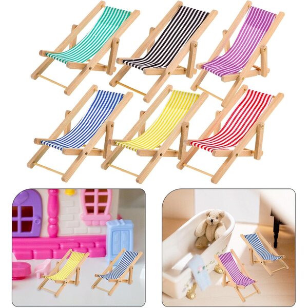 Set 6 Mini Sedie da Spiaggia Pieghevoli in Legno e Stoffa per Casa delle Bambole