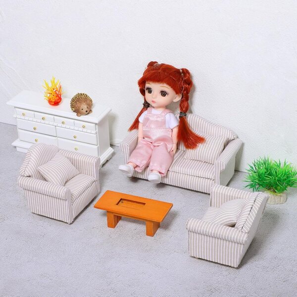 Set 3 Divani Miniatura per Casa delle Bambole – Mobili in Legno e Cotone Colorati