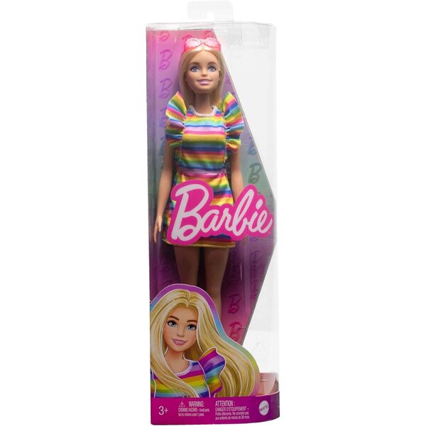 Barbie Fashionistas Blondine mit Zahnersatz und Regenbogenkleid, Accessoires und einzigartigem Stil