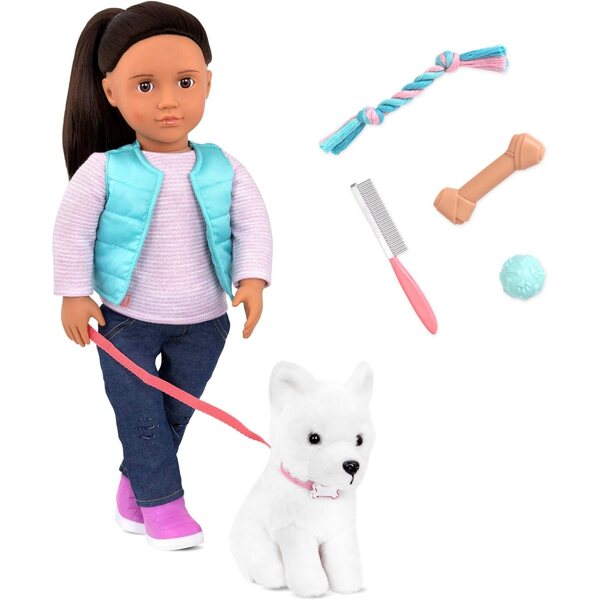 Our Generation Cassie – Puppe mit Hund 46 cm und komplettem Zubehör