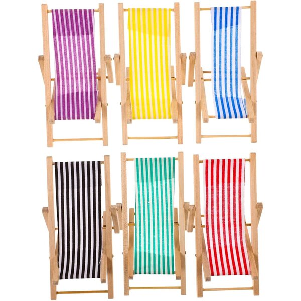 Set 6 Mini Sedie da Spiaggia Pieghevoli per Casa delle Bambole in Legno e Stoffa