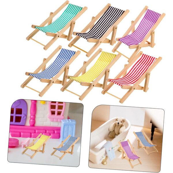 Set 6 Mini Sedie da Spiaggia Pieghevoli per Casa delle Bambole in Legno e Stoffa
