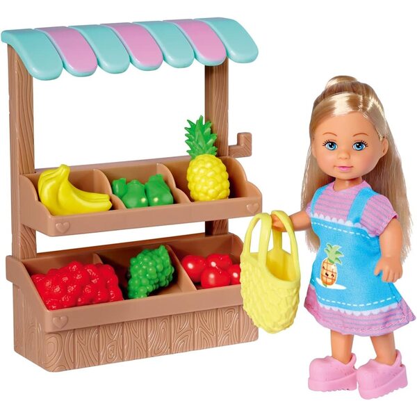 Evi Love Lebensmittelmarktstand mit Obst und Netzbeutel, Minipuppe 12 cm