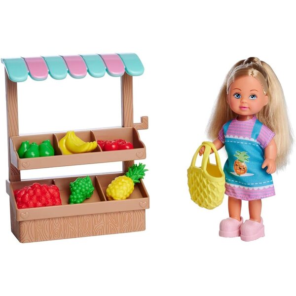 Evi Love Lebensmittelmarktstand mit Obst und Netzbeutel, Minipuppe 12 cm