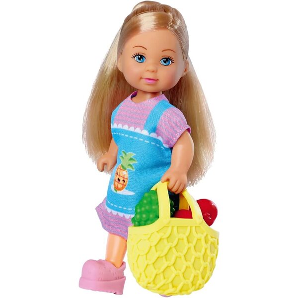Evi Love Lebensmittelmarktstand mit Obst und Netzbeutel, Minipuppe 12 cm