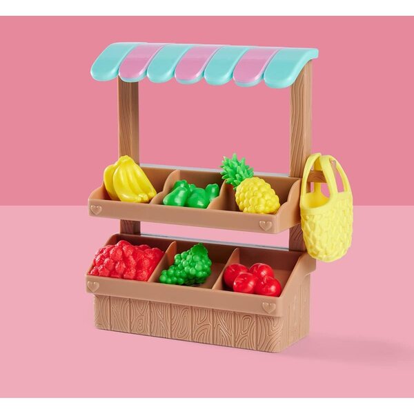 Evi Love Lebensmittelmarktstand mit Obst und Netzbeutel, Minipuppe 12 cm