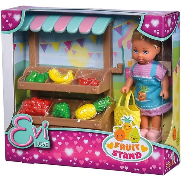Evi Love Lebensmittelmarktstand mit Obst und Netzbeutel, Minipuppe 12 cm